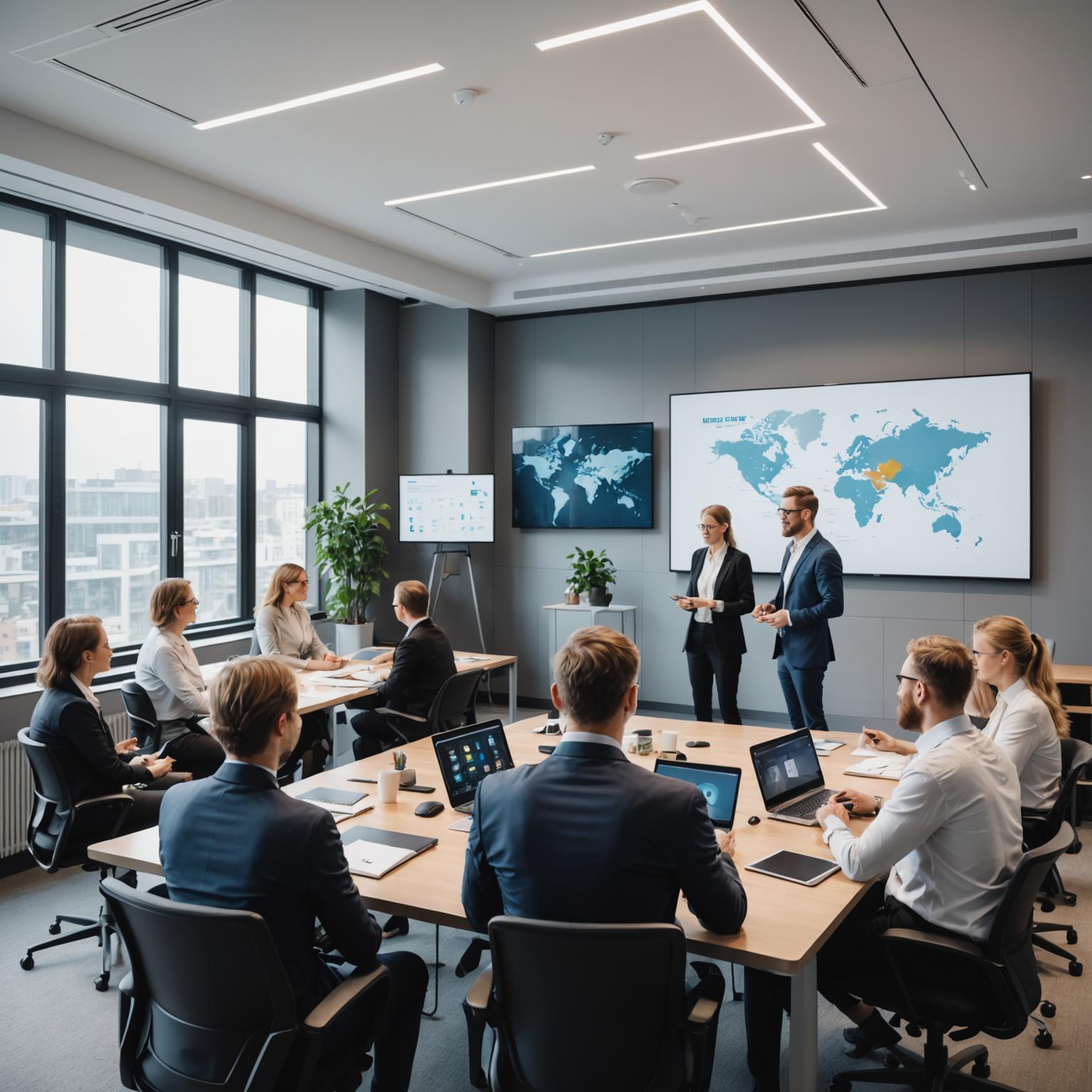 Corporate team participating in an online language workshop