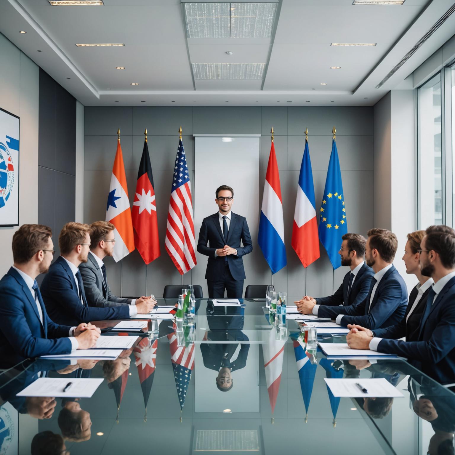 Professionals collaborating across languages in global business